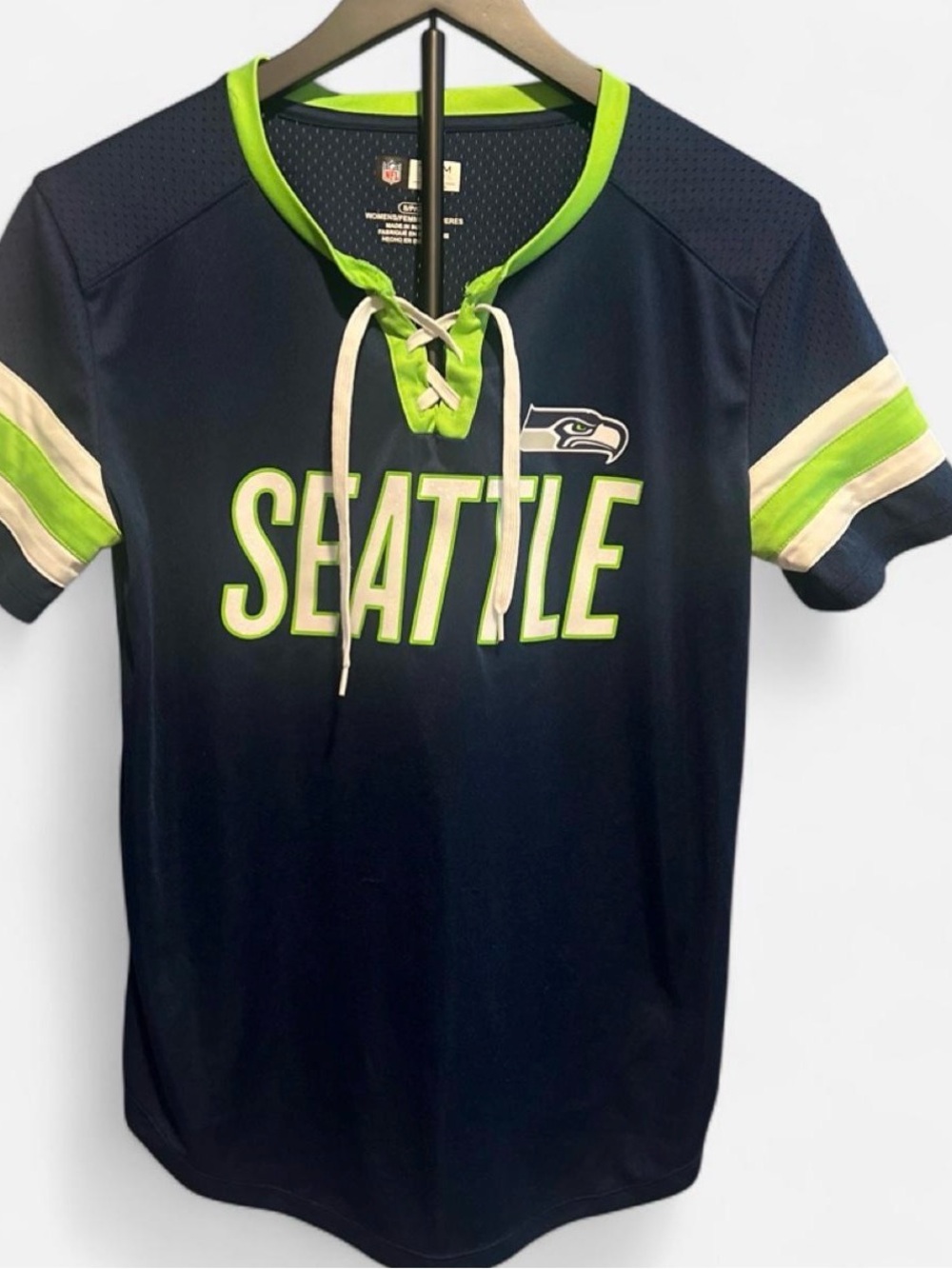 NFL Seattle Navy and Neon Green Lace-Up Short Sleeve Jersey